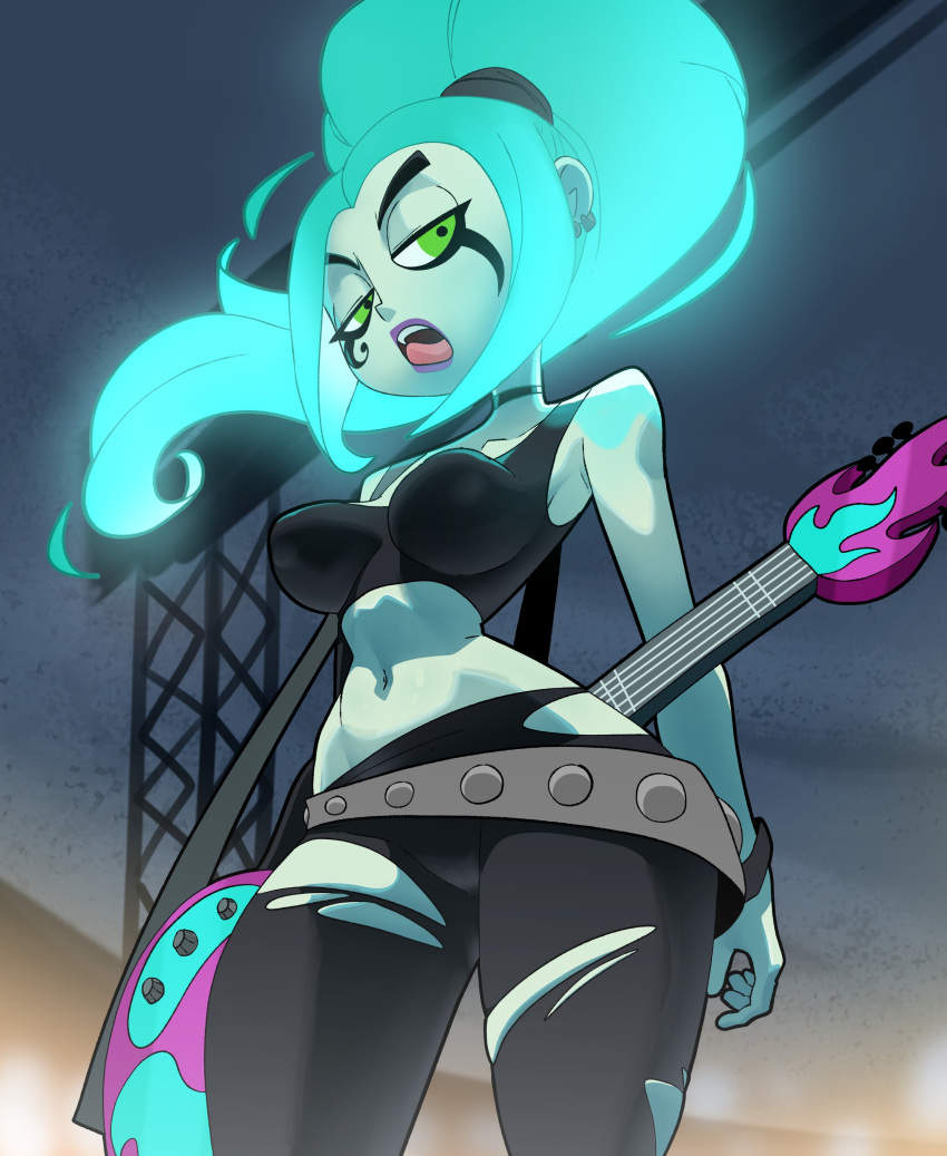 1girl 1girl 1girls big_breasts big_breasts big_breasts blue_hair choker clothing conveniently_torn_clothing coolerinker danny_phantom ember_mclain female_focus female_only ghost ghost_girl glowing_eyes glowing_hair green_eyes guitar inker_comics inkershike legs looking_at_viewer looking_down looking_down_at_viewer midriff naughty_face navel pale_skin rockstar solo_focus spread_legs standing tank_top thick_thighs thighs tongue tongue_out torn_clothes voluptuous