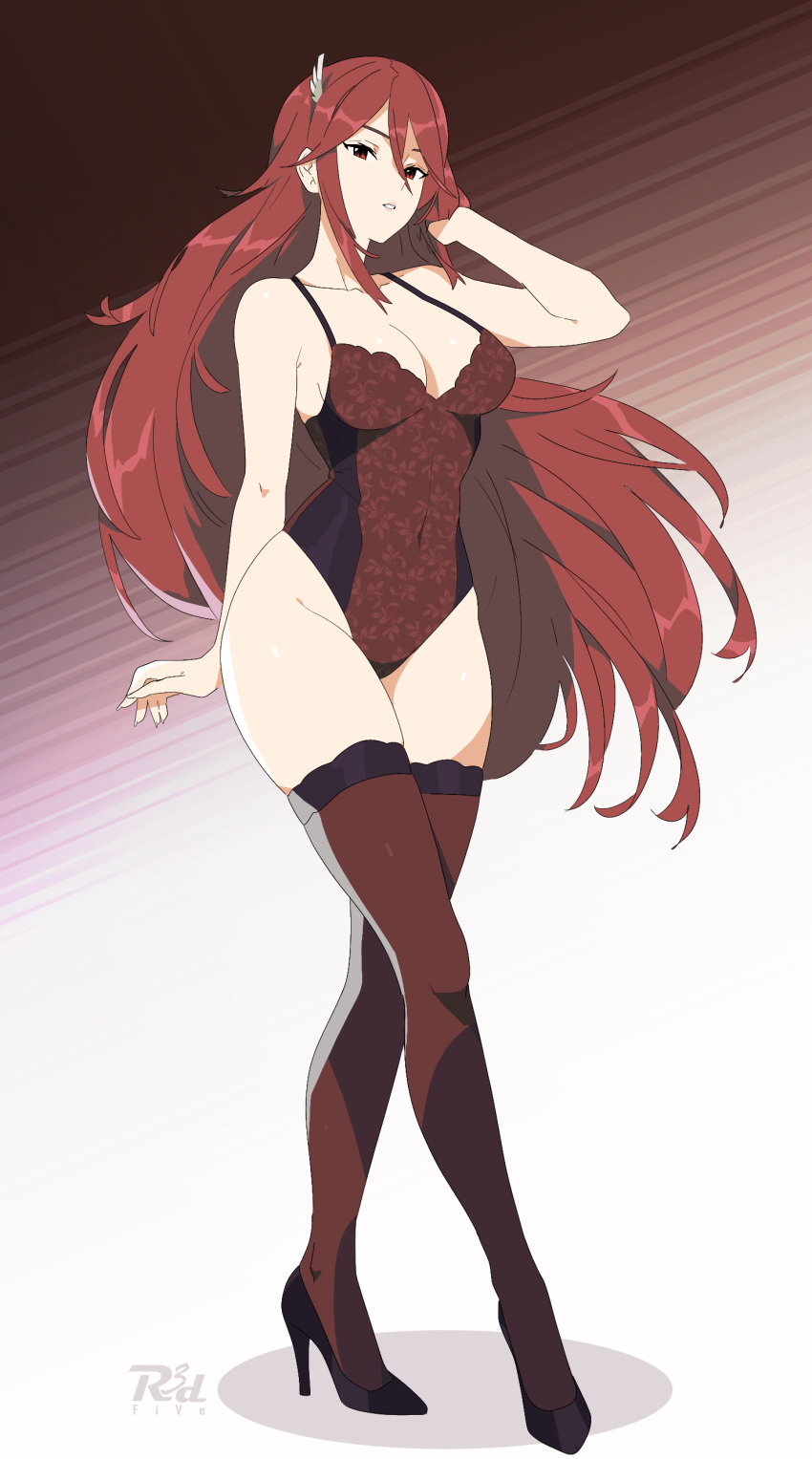 1girl alluring cleavage cordelia_(fire_emblem) fire_emblem fire_emblem_awakening high_heels lingerie medium_breasts milf r3dfive red_eyes red_hair solo_female stockings stockings thighs