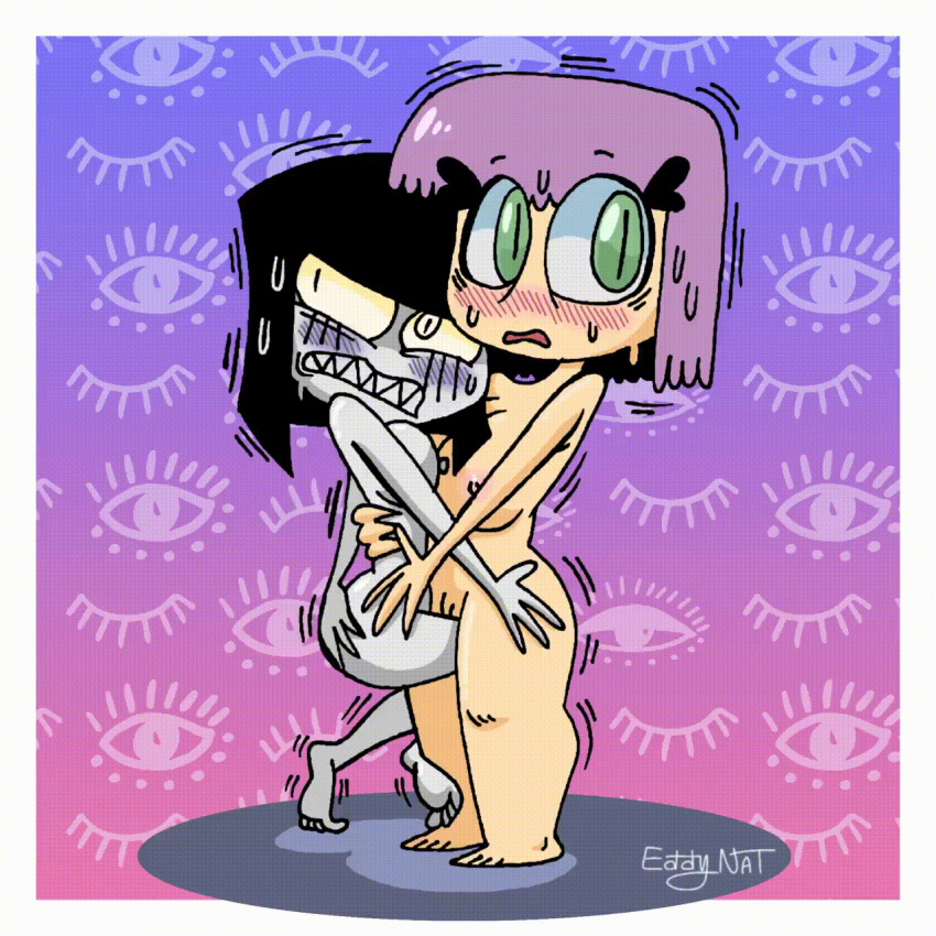 1girl 2_girls black_hair blush breasts eddy_nat ellie_(eddy_nat) embarrassed embarrassed_nude_female embarrassing enf gif goth goth_(eddy_nat) goth_girl gray_skin green_eyes holding_each_other holding_partner m multiple_girls nude purple_hair pussy shivering