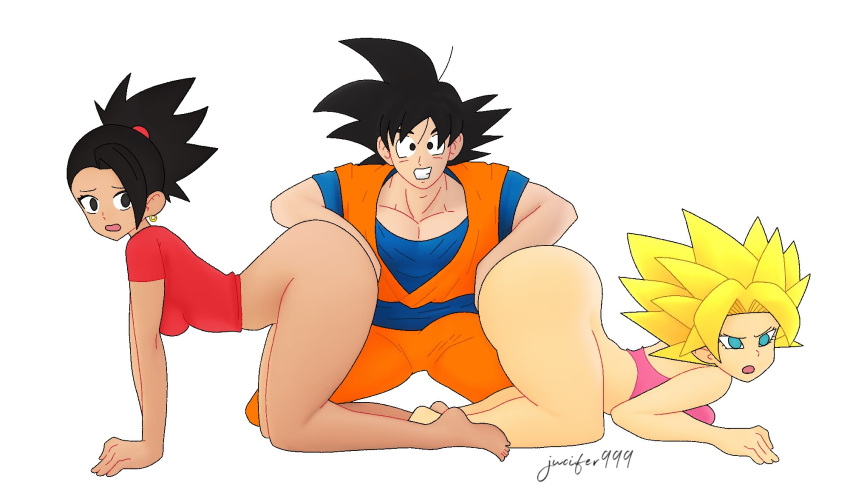 1boy 2_girls ass black_hair blonde_hair caulifla dark-skinned_female dark_skin doggy_position dragon_ball dragon_ball_super female_sub fingering group_sex hetero interracial kale kale_(dragon_ball) masturbation orgy son_goku submission three_eyes