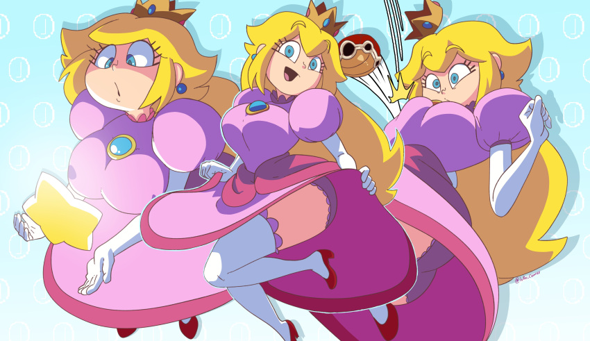 1girl 1girl 1girls big_breasts big_breasts blonde_hair blue_eyes coolerinker dress egoraptor_(style) female_focus female_only inker_comics inkershike looking_at_viewer mario_(series) multiple_views nintendo princess_peach princess_peach_(starbomb) starbomb style_parody thick_thighs wide_hips wide_thighs