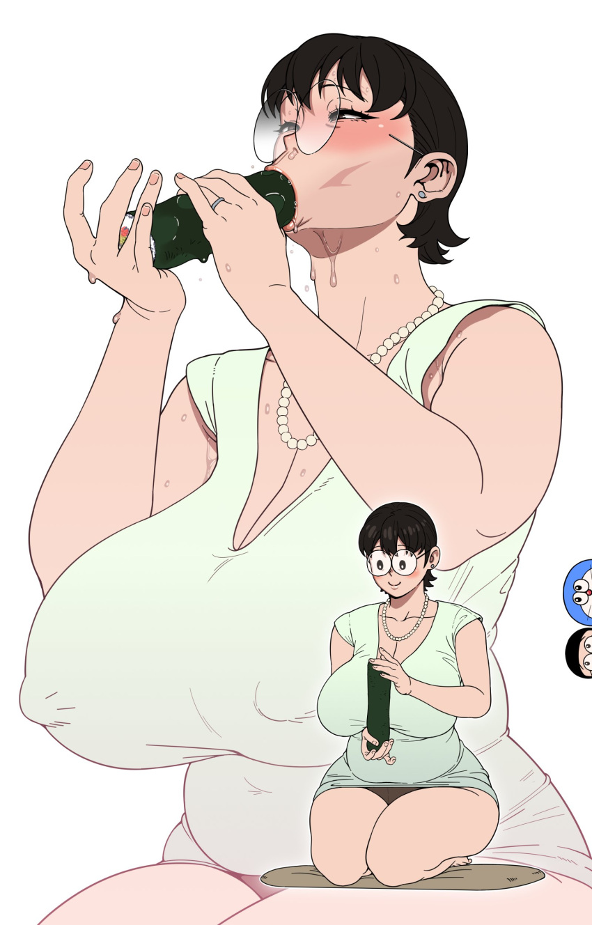 1girl big_breasts black_hair blush clothed doraemon doraemon_(character) drooling earrings fellatio food glasses implied_fellatio kneel looking_down milf nobita_nobi pearl_necklace short_hair skirt sleeveless_shirt sushi_roll sweat tamako_nobi white_background wide_hips