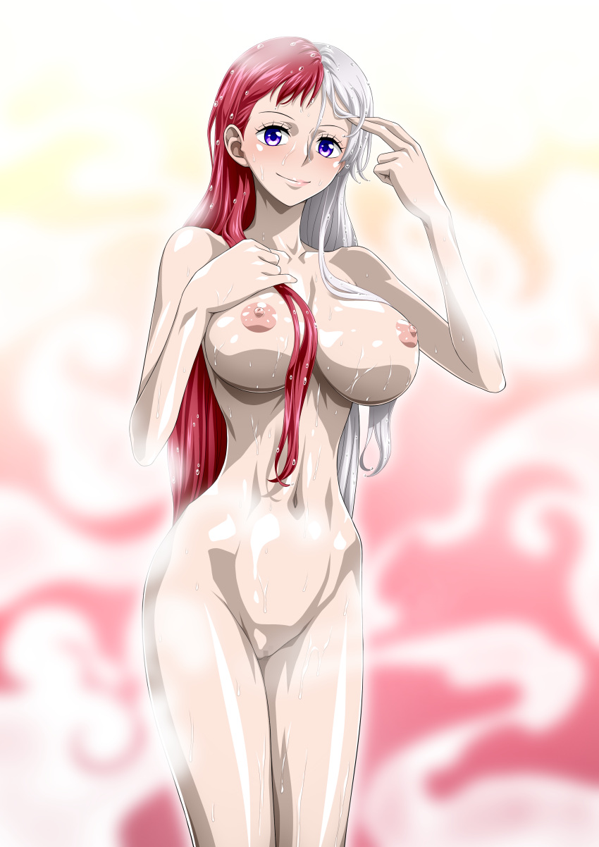 1girl alluring bare_legs big_breasts completely_nude_female nel-zel_formula nude one_piece pussy steam tagme uta_(one_piece) violet_eyes wet white_and_red_hair