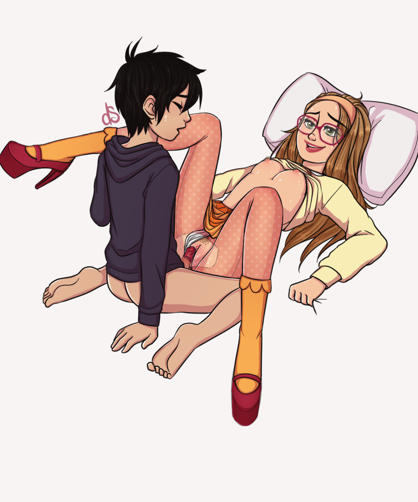 age_difference black_hair blonde_hair blush clothed_sex condom_on_penis disney green_eyes hiro_hamada honey_lemon marvel romantic_couple small_breasts