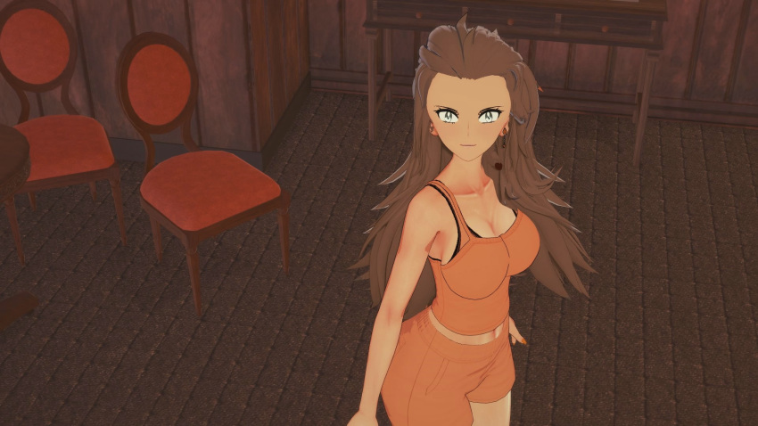 16:9 1girl anime before_sex big_breasts black_bra breasts brown_hair closed_mouth clothed earrings female_focus hentai indoors long_hair looking_at_viewer open_eyes orange_shirt orange_shorts pokemon professor_sada_(pokemon) room standing video_game video_game_character video_game_franchise