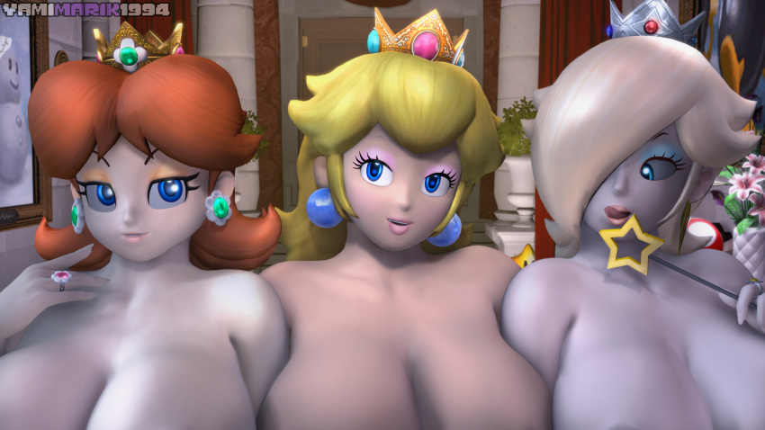 3d 3d_(artwork) 3girls bedroom_eyes big_breasts blonde_hair blue_eyes blue_eyeshadow breasts castle cleavage crown earrings female female_only flower_earrings ginger_hair hair_over_one_eye half-closed_eyes human inside licking_lips light-skinned_female light_skin lips lipstick long_hair looking_at_viewer mario_(series) nintendo nude orange_eyeshadow pearl_earrings pink_eyeshadow platinum_blonde_hair princess_daisy princess_peach princess_rosalina ring rosalina royalty seductive seductive_look seductive_smile sexy sexy_body sexy_breasts shoulder_length_hair source_filmmaker star_earrings star_wand super_mario_bros. tongue tongue_out trio wand yamimarik1994 yuri