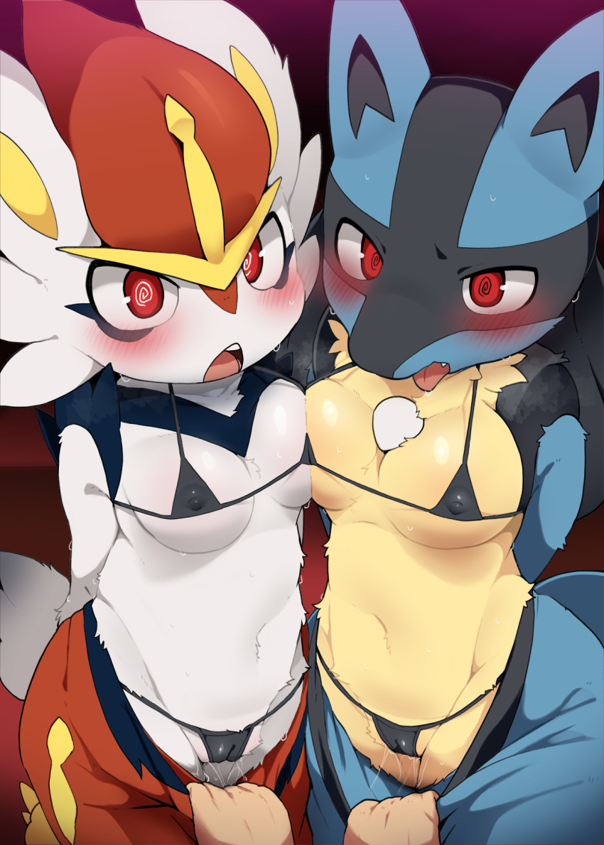 anthro breasts cinderace color dagasi female_anthro fur furry furry_female gen_4_pokemon gen_8_pokemon lucario pokemon pokemon_only rabbit sweat underwear