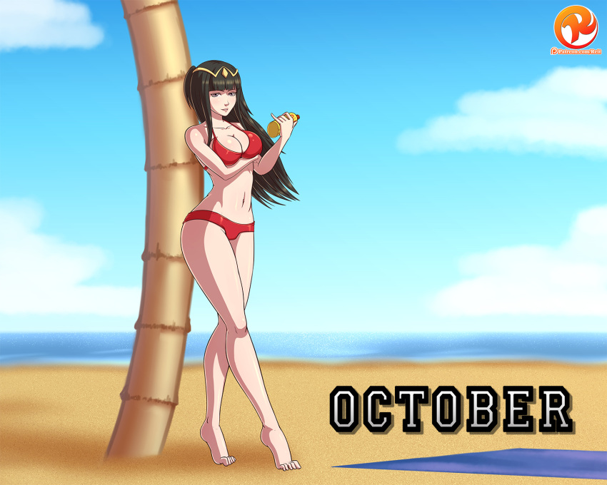 1girl 1girl 1girl alluring alternate_costume arm_under_breasts barefoot beach beach_towel big_breasts bikini black_hair breasts cleavage female_only fire_emblem fire_emblem_awakening long_hair navel nintendo oil red_bikini red_swimsuit reit sand swimsuit tharja tharja_(fire_emblem) tree water