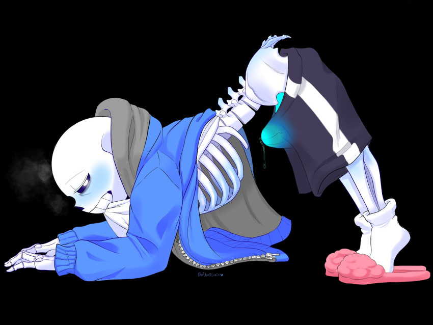 1boy 2020s 2022 2d 2d_(artwork) abosinsin animated_skeleton bad_id bad_twitter_id biting_clothes biting_shirt black_background black_pants blush bodily_fluids bone bottom_sans bottomwear bulge clothing dark_background digital_media_(artwork) erection erection_under_clothes footwear genital_fluids high_res hoodie humanoid inactive_account male male_focus male_only monster monster_boy pants penis_bulge precum precum_through_bottomwear precum_through_clothing precum_through_shorts sans sans_(undertale) shorts skeleton socks solo_male tenting top-down_bottom-up topwear twitter_username uke_sans undead undertale undertale_(series) video_game_character video_games wet wet_clothing