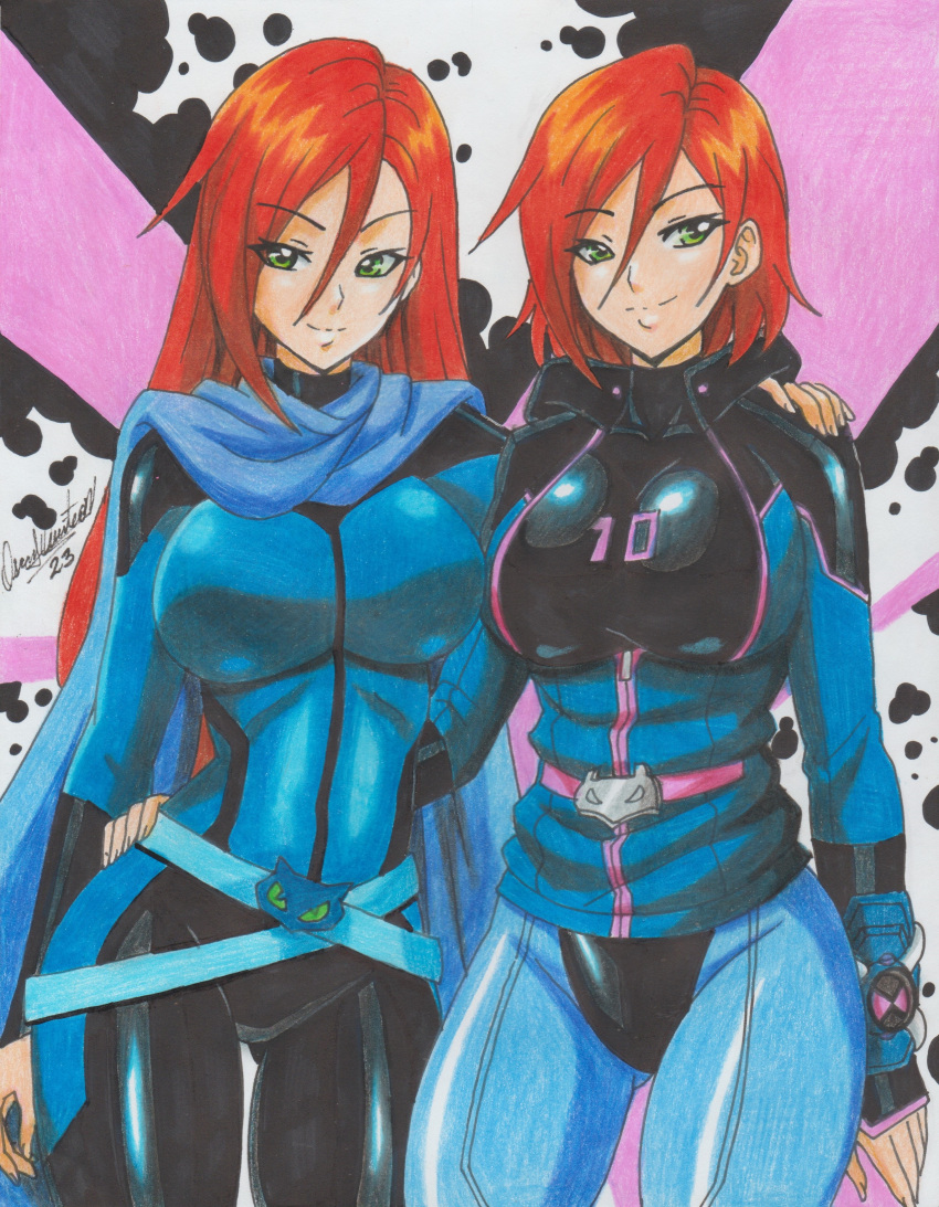 2023 2_girls aged_up ben_10 big_breasts cartoon_network color female_only future_gwen_tennyson green_eyes gwen_10 gwen_tennyson pencil_(artwork) ravern_clouk red_hair tagme tight_clothing