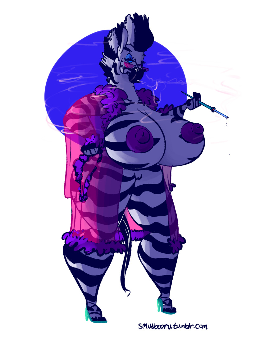 1girl 1girl anthro big_breasts breasts equine eyewear furry glasses gown horse huge_breasts mammal mature_female mostly_nude nipples pussy smoking smutbooru stripes zebra