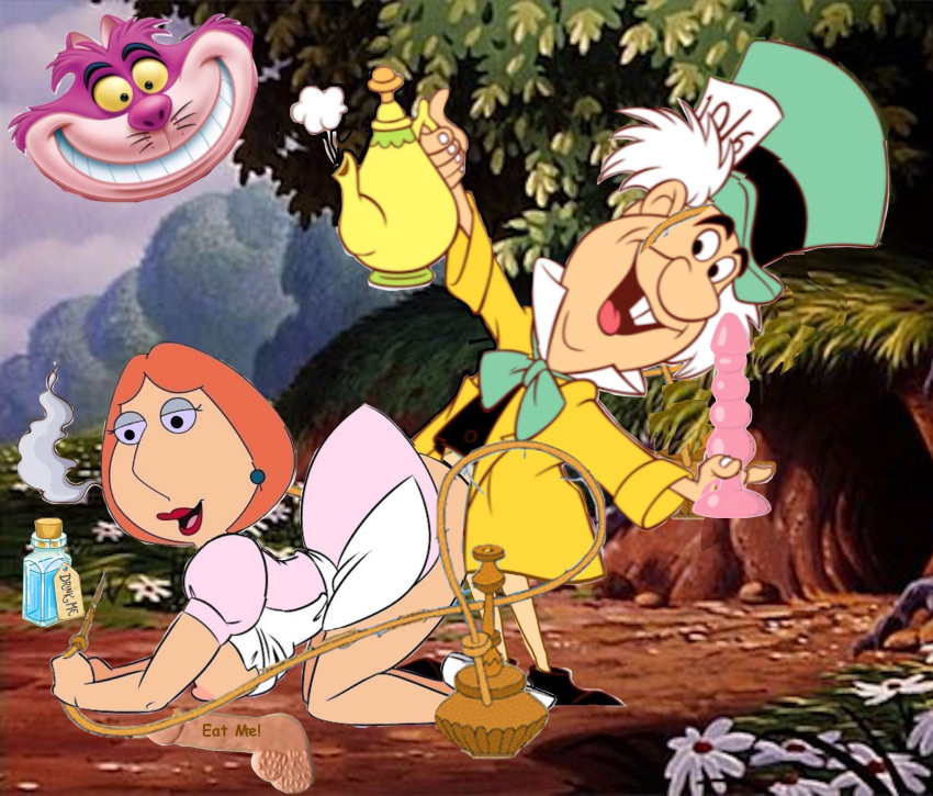 alice_(disney) alice_(disney)_(cosplay) alice_in_wonderland cheshire_cat cosplay crossover dildo doggy_position drugged drugs family_guy fantasy from_behind lois_griffin mad_hatter_(alice_in_wonderland)