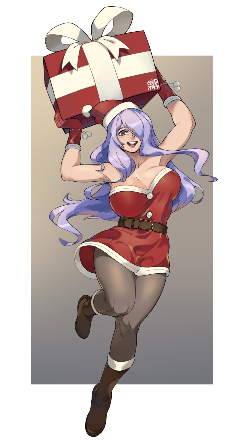 1girl absurd_res alluring alternate_costume big_breasts black_footwear black_pantyhose boots border bow box breasts camilla_(fire_emblem) christmas christmas_outfit cleavage collarbone commission dress female_only fire_emblem fire_emblem_fates full_body fur_trim gift gift_box hair_over_one_eye high_res holding holding_gift long_hair nintendo one_eye_covered open_clothes open_mouth pantyhose purple_eyes purple_hair red_dress red_headwear santa_dress smile snowcie strapless strapless_dress very_long_hair white_border white_bow wholesome