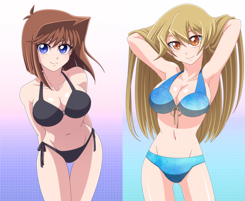 2_girls alexis_rhodes alluring big_breasts bikini blonde_hair blue_eyes brown_eyes brown_hair cleavage pin_up posing tea_gardner yu-gi-oh! yu-gi-oh!_gx