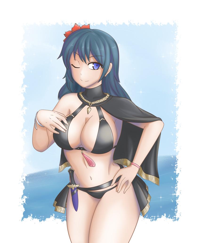 1girl alluring alternate_costume bikini black_bikini black_swimsuit blue_eyes breasts byleth_(fire_emblem) byleth_(fire_emblem)_(female) byleth_(summer)_(fire_emblem)_(female) cape fire_emblem fire_emblem:_three_houses fire_emblem_heroes flower flower_in_hair hair_flower hand_on_hip hayato_stuff knife light-skinned_female light_skin looking_at_viewer medium_hair nintendo one_eye_closed teal_hair