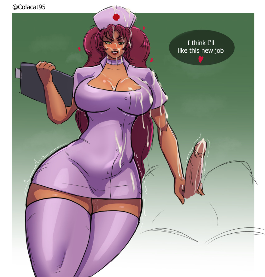 1boy 1girl alien_humanoid big_breasts breasts cleavage colacat95 cum cum_drip cum_on_body cum_on_breasts cum_on_face cumshot dc_comics female green_eyes grin hand_on_penis handjob koriand'r male nurse nurse_uniform red_hair starfire teen_titans thick thick_thighs wide_hips