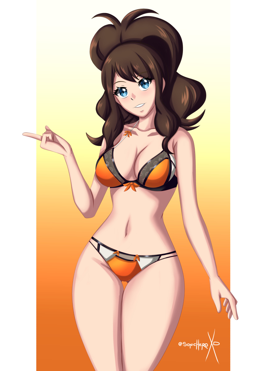 1girl alluring big_breasts blue_eyes bra brown_hair cleavage hilda hilda_(pokemon) lingerie nintendo panties pin_up pokemon pokemon_(anime) pokemon_bw touko_(pokemon) underwear