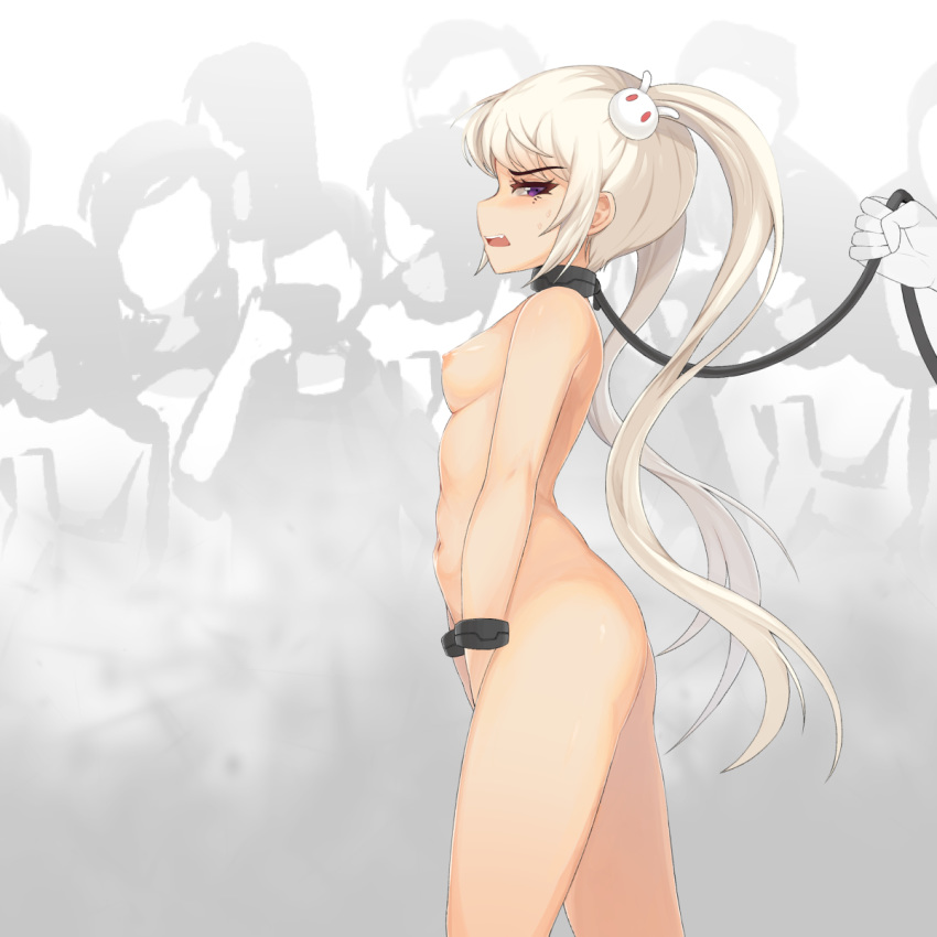 1:1_aspect_ratio 1girl bippew_(mastgg) breasts bunny_hair_ornament collar eyebrows_visible_through_hair female_only female_solo hair hair_ornament high_resolution leash long_hair long_twintails looking_to_the_side maplestory mastgg navel nipples orchid_(maplestory) public public_nudity small_breasts tied_hair twin_tails very_long_hair very_long_twintails white_hair