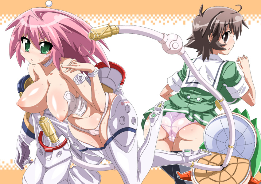 2girls ass blush bodysuit breasts cable green_eyes hair izumi_makihara kemeko_(kemeko_deluxe) kemeko_deluxe kemeko_deluxe! large_breasts makihara_izumi mm_(kemeko_deluxe) multiple_girls nipples nori_(akusei_shinseibutsu) nori_(artist) panties pink_hair school_uniform seifuku serafuku spacesuit sweat thighhighs topless underwear undressing white_panties