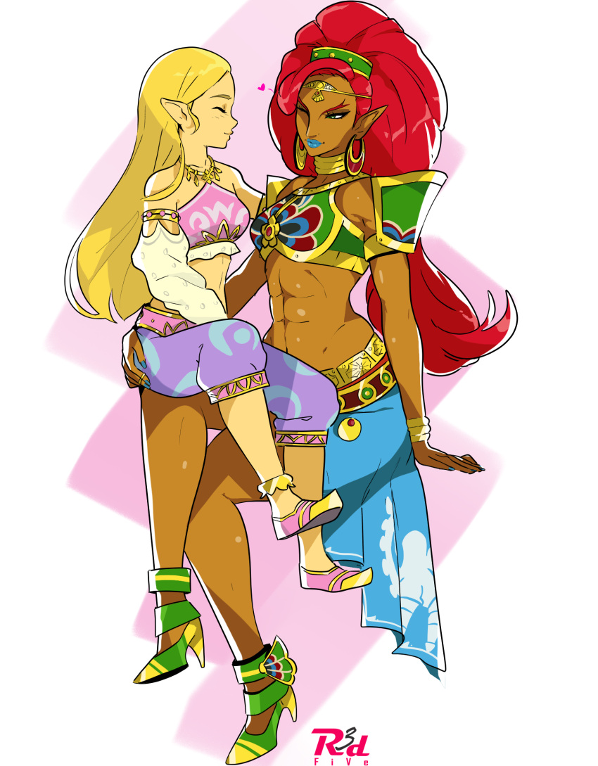 2_girls alternate_costume arabian_clothes arm_support bare_shoulders blonde_hair blue_skirt blush bracelet breastplate breasts breath_of_the_wild closed_eyes couple dark-skinned_female dark_skin duo earrings elf full_body green_eyes half-closed_eyes harem_outfit heart height_difference hoop_earrings hugging interracial long_hair long_skirt looking_at_another love medium_breasts mutual_yuri neck neck_ring necklace nintendo one_eye_closed pointy_ears princess_zelda r3dfive red_hair shoes sitting sitting_on_person skirt small_breasts the_legend_of_zelda tiara urbosa wink yuri zelda_(breath_of_the_wild)