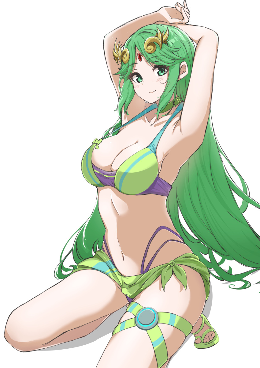 1girl alluring aotsuba belt_choker big_breasts bikini breasts choker circlet goddess green_bikini green_eyes green_hair green_sandals green_sarong green_swimsuit kid_icarus kid_icarus_uprising kneel long_hair looking_at_viewer nintendo palutena sandals sarong swimsuit thigh_strap