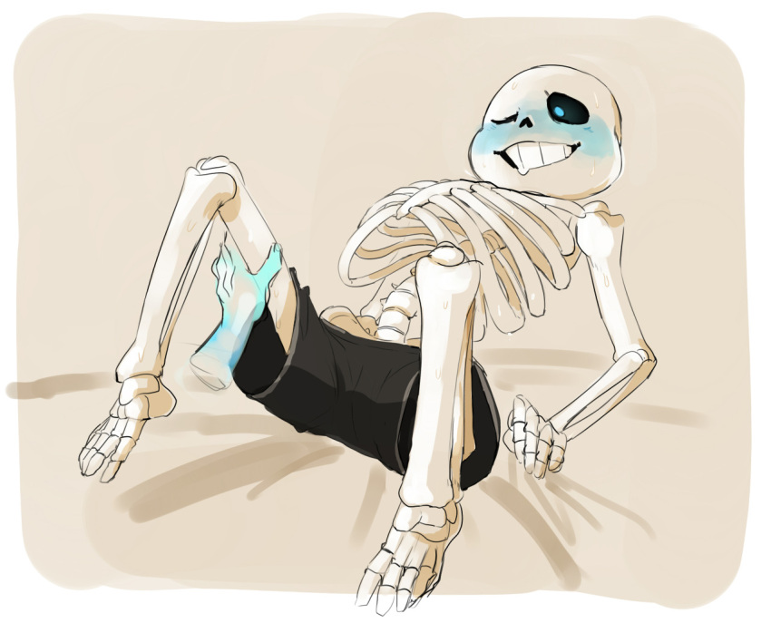 1boy 2010s 2016 2d 2d_(artwork) animated_skeleton blue_blush blush cheztnuts digital_media_(artwork) disembodied_hand male_focus monster one_eye_closed pants_only sans sans_(undertale) shirtless skeleton solo_focus topless topless_male undead undertale undertale_(series) video_game_character video_games