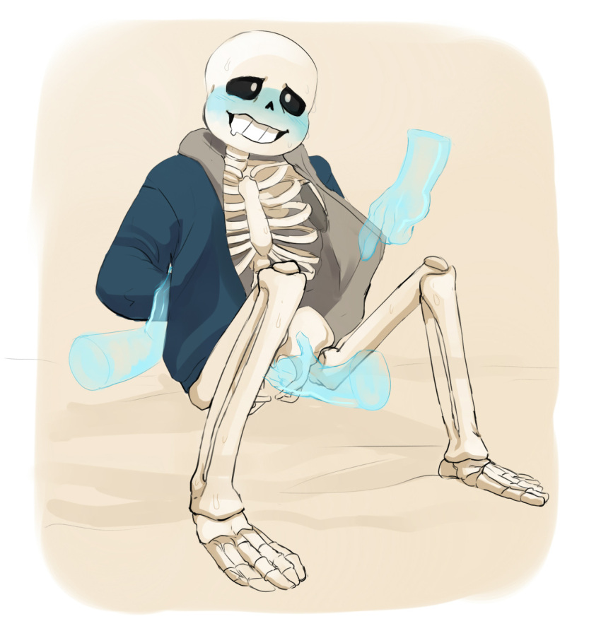 2016 animated_skeleton arms_behind_back blue_blush blue_hoodie blue_jacket blush bottom_sans bottomless cheztnuts disembodied_hand disembodied_hands drooling groping hands_behind_back hooded_jacket hoodie hoodie_only monster sans sans_(undertale) simple_background sitting skeleton uke_sans undead undertale undertale_(series)