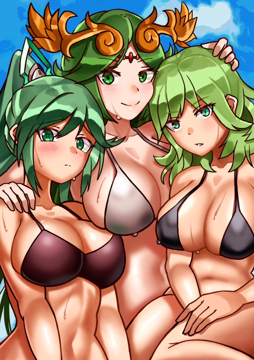 3_girls 3girls absurd_res alluring alternate_costume aqua_eyes aqua_hair bangs bare_arms bare_shoulders beach big_breasts bikini black_bikini black_swimsuit blush breasts brown_bikini byleth_(female) byleth_(fire_emblem) byleth_(fire_emblem)_(female) collarbone crossover enlightened_byleth_(female) female_only fire_emblem fire_emblem:_three_houses forehead_jewel green_eyes green_hair grey_bikini grey_swimsuit high_res kid_icarus kid_icarus_uprising laurel_crown light-skinned_female light_green_hair light_skin long_hair medium_hair multiple_girls nintendo oniisan02b palutena parted_bangs pneuma pneuma_(xenoblade) png ponytail red_bikini red_swimsuit super_smash_bros. sweatdrop swept_bangs swimsuit trait_connection very_long_hair xenoblade_(series) xenoblade_chronicles_(series) xenoblade_chronicles_2