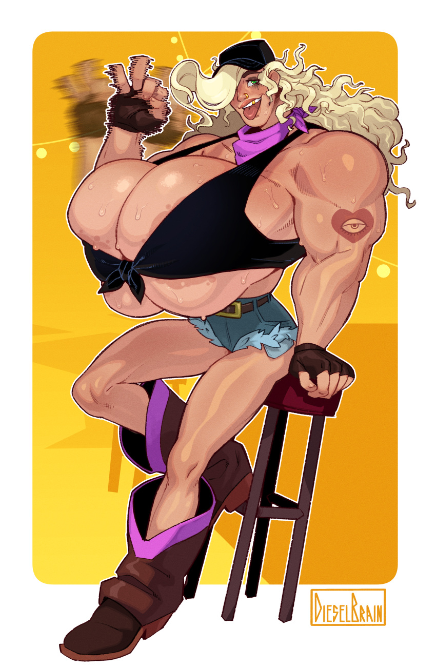 alex_(dieselbrain) blonde_hair dieselbrain gigantic_breasts gold_tooth handjob_gesture huge_breasts muscular muscular_female