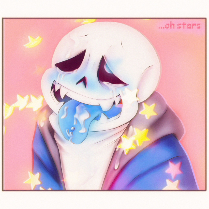 1:1 1:1_aspect_ratio 1boy 2020s 2023 2d 2d_(artwork) ahegao animated_skeleton blue_blush blue_eye blue_tongue blush bottom_sans clothed clothing cum_on_face cum_on_tongue digital_media_(artwork) ectotongue fluids lyracrimson male male_ahegao male_only monster pink_background sans sans_(undertale) semen_on_face semen_on_tongue simple_background skeleton solo solo_male star submissive text tongue tongue_out tongue_piercing uke_sans undead undertale undertale_(series) upper_body video_games