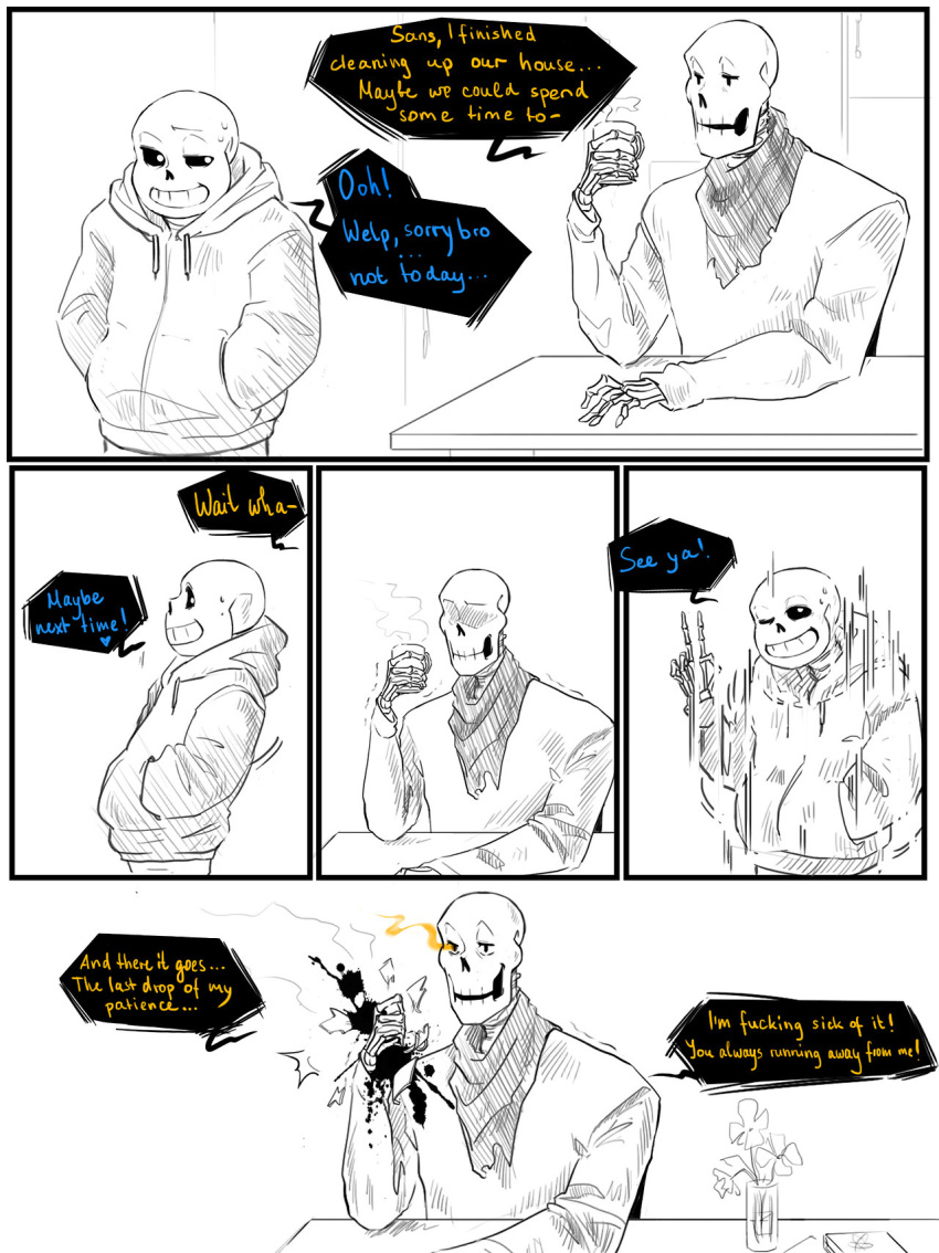 2010s 2017 animated_skeleton broken_glass brother brother_and_brother brothers clothed comic comic_page comic_panel duo english_text fontcest glass holding_glass male male_only monster monster_boy papyrus papyrus_(undertale) papysans profanity sans sans_(undertale) sequence sequential siblings skeleton speech_bubble supermuuh teleport text text_bubble undead undertale undertale_(series) yandere