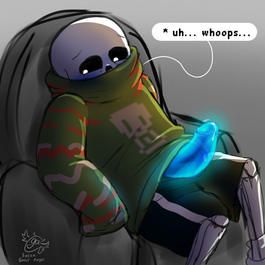 1:1 1:1_aspect_ratio 1boy 2020s 2022 2d 2d_(artwork) animated_skeleton blue_blush blue_penis blush blushing clothed clothing comic_sans couch digital_media_(artwork) ectopenis embarrassed english_text fallen_ghost_angel_(artist) genitals glowing_genitalia glowing_penis green_sweater green_topwear humanoid looking_away male male_only monster monster_boy oversized_clothes oversized_sweater penis penis_out precum precum_drip precum_on_penis sans sans_(undertale) shy simple_background sitting sitting_on_couch sitting_on_sofa skeleton sofa solo_male sweater text text_bubble topwear twitter undead undertale undertale_(series) video_game_character video_games