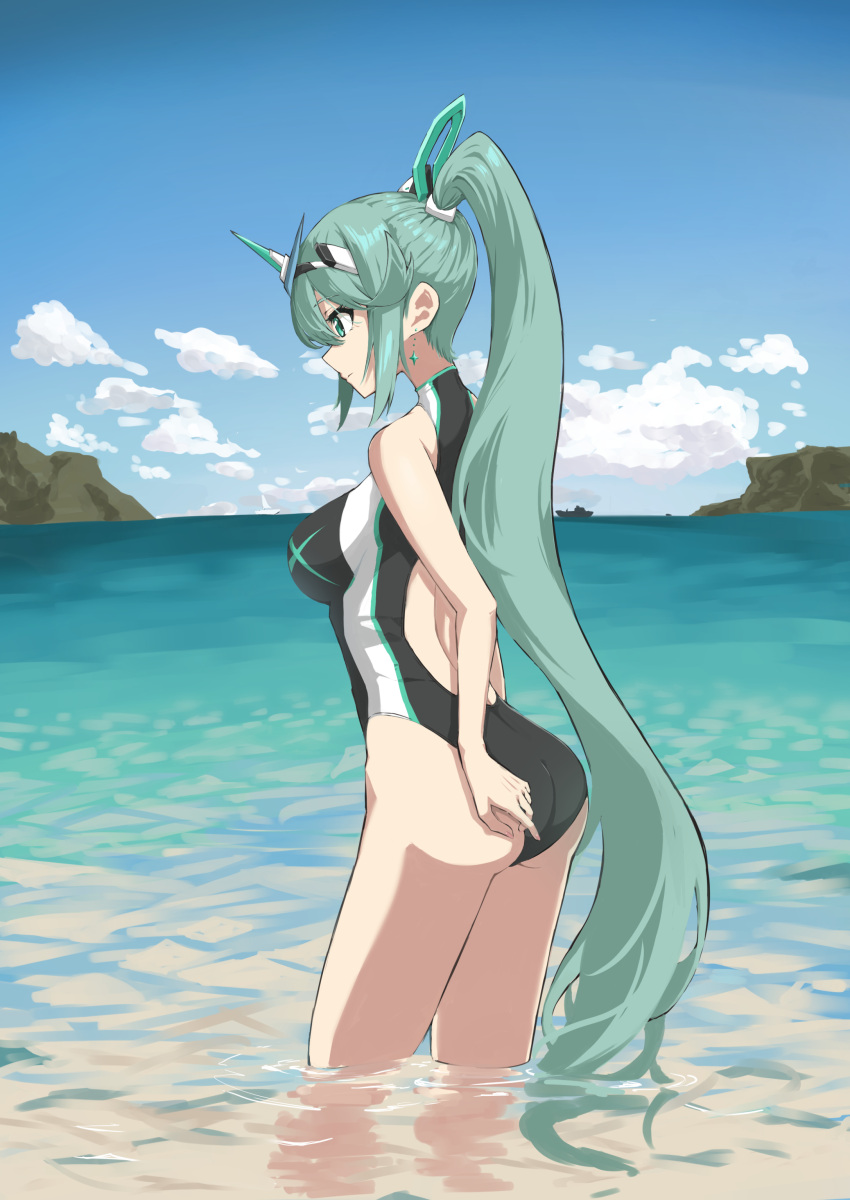 1girl absurd_res alluring alternate_costume aotsuba big_breasts breasts competition_swimsuit green_eyes green_hair high_res long_hair ocean one-piece_swimsuit pneuma_(xenoblade) ponytail swept_bangs swimsuit tiara very_long_hair water xenoblade_(series) xenoblade_chronicles_(series) xenoblade_chronicles_2