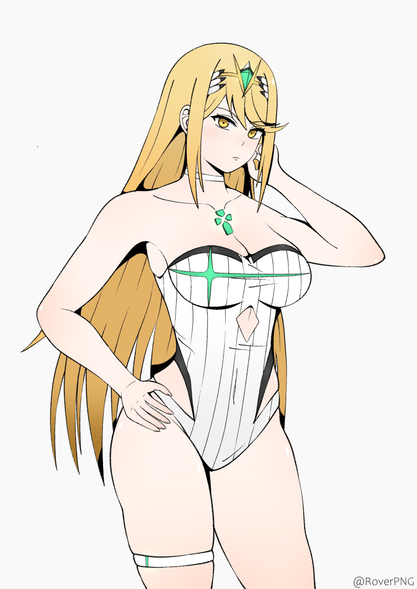 1girl 1girl 1girl 2022 alluring bikini blonde_hair core_crystal female_only hand_on_hip high_res legband long_hair looking_at_viewer mythra nintendo roverpng thigh_squish white_background xenoblade_(series) xenoblade_chronicles_2 yellow_eyes