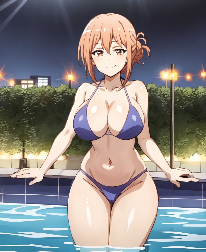 1girl alluring big_breasts bikini cleavage in_pool milf night orange_eyes orange_hair posing swimming_pool yahari_ore_no_seishun_lovecome_wa_machigatteiru. yuigahama_yui's_mother zengai