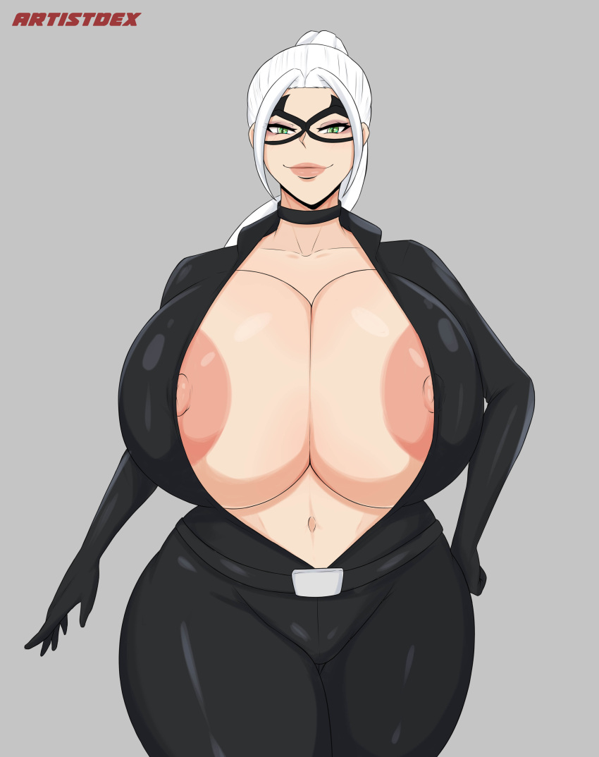 artistdex black_cat_(marvel) blue_eyes bodysuit gigantic_ass gigantic_breasts hourglass_figure marvel mask ponytail smirk white_hair