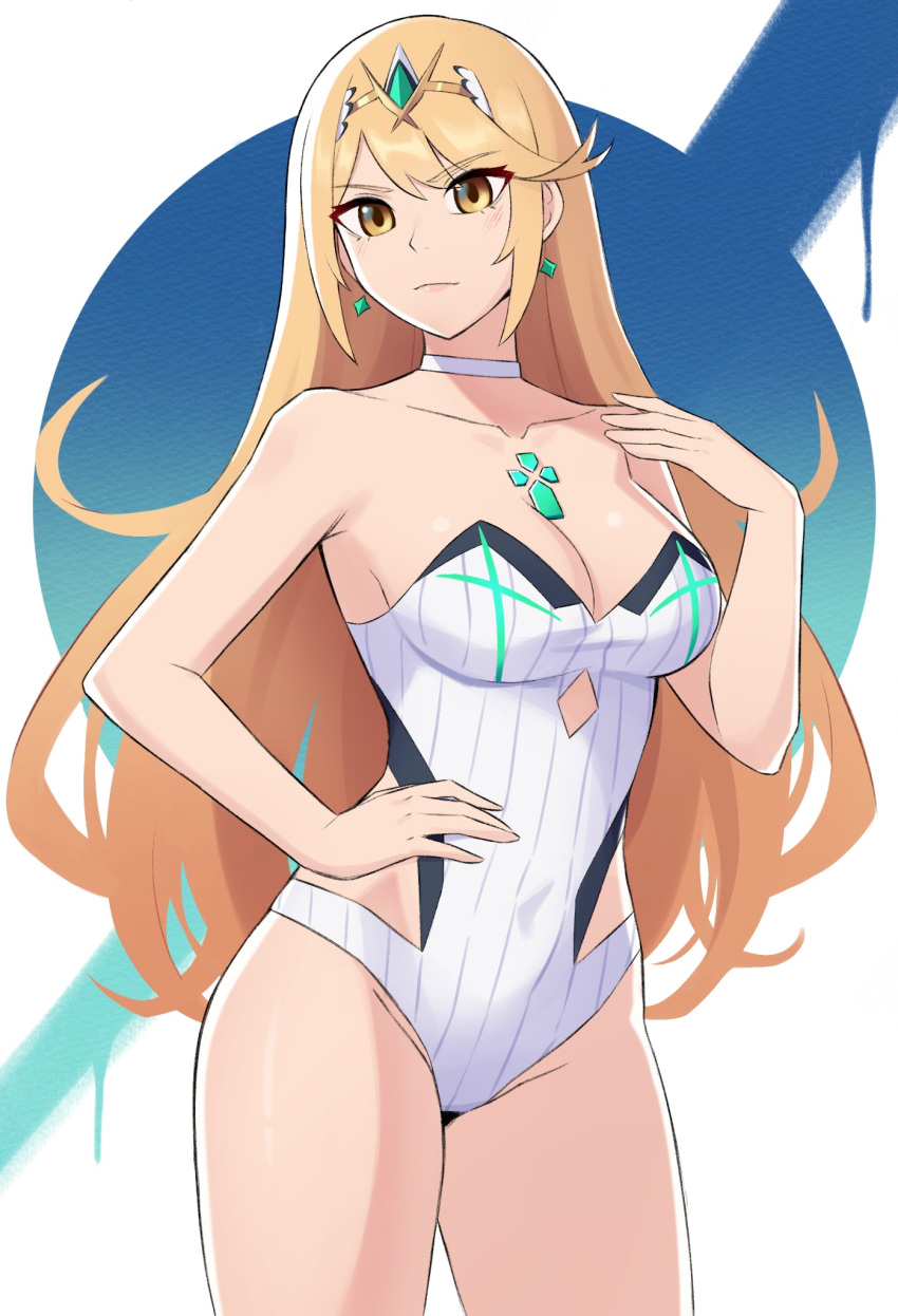 1girl alluring alternate_costume big_breasts blonde_hair blush breasts cleavage core_crystal ear_piercing edmonmondo female_only fit fit_female frown long_hair looking_at_viewer mythra nintendo official_alternate_costume orange_eyes swimsuit wide_hips xenoblade_(series) xenoblade_chronicles_2 yellow_eyes