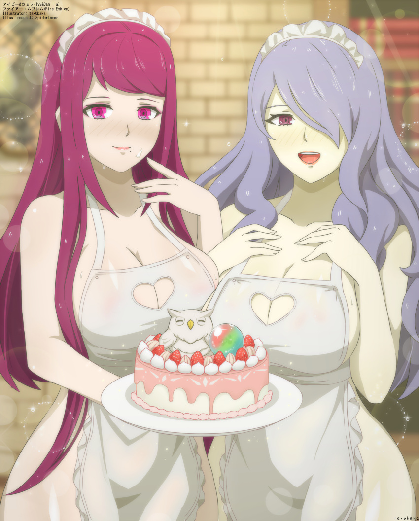 2_girls alluring apron bare_arms bare_shoulders bare_thighs big_breasts blue_hair cake camilla_(fire_emblem) cleavage cleavage_cutout collarbone female_only fire_emblem fire_emblem_engage fire_emblem_fates fire_emblem_heroes food hair_over_one_eye heart_cutout ivy_(fire_emblem) long_hair looking_at_viewer multiple_girls naked_apron orb pink_eyes purple_eyes purple_hair shoulders smile tak0baka thighs very_long_hair violet_hair