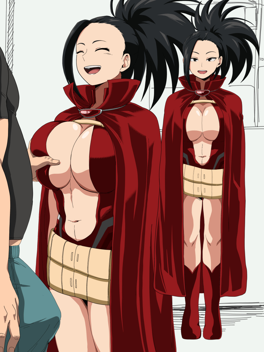 1boy 1girl big_breasts breast_grab breasts clothed clothed_female fanbox_reward female_focus hazama_null hero_outfit_(mha) high_res long_hair momo_yaoyorozu my_hero_academia pixiv_fanbox solo_focus teen