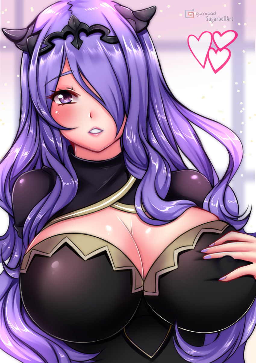 1girl 1girl 1girl 2023 alluring bangs big_breasts big_breasts big_breasts black_clothing black_horns black_tiara blush breasts camilla_(fire_emblem) fanart female_only fire_emblem fire_emblem_fates gold_trim grabbing_own_breast groping_breasts hair_over_one_eye headwear heart long_hair looking_at_viewer nintendo nipples_visible_through_clothing parted_lips pink_lips purple_eyebrows purple_eyes purple_hair purple_nail_polish purple_nails smile sugarbell voluptuous wavy_hair