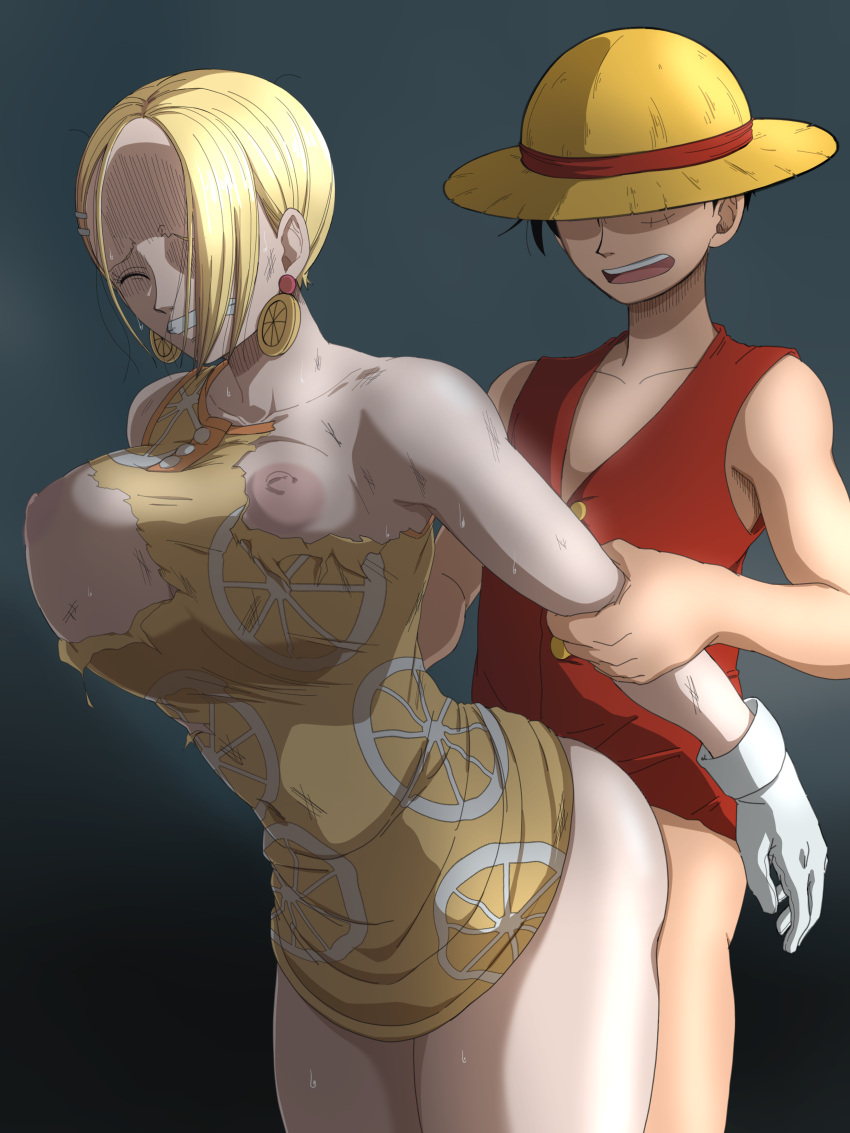 1boy 1girl arm_grab arms_held_back big_breasts blonde_hair bouncing_breasts breasts clothed_female fanbox_reward from_behind hazama_null high_res male male/female mature mature_female mikita_(one_piece) miss_valentine monkey_d._luffy one_piece pixiv_fanbox short_hair