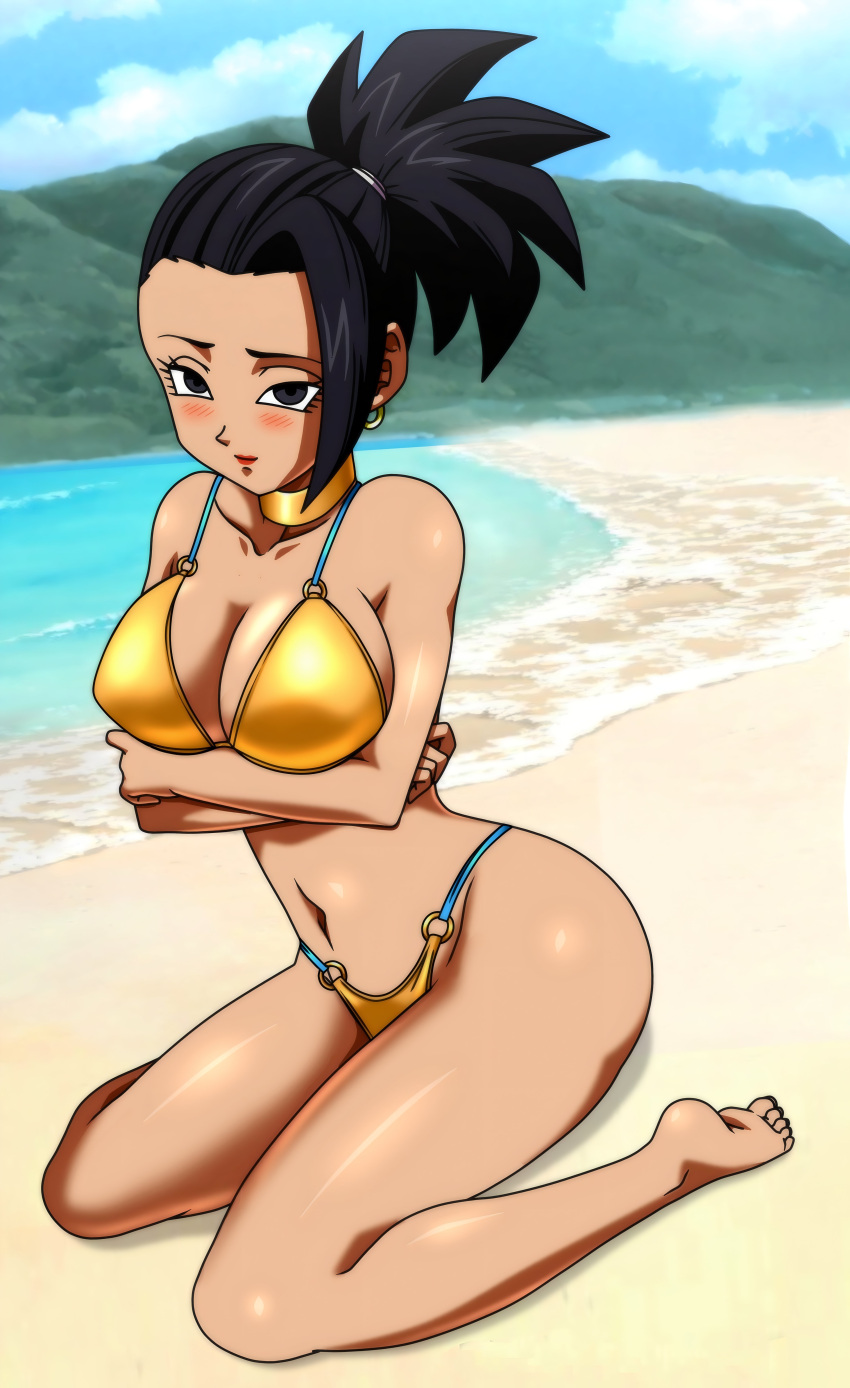 1girl beach big_ass big_breasts bikini black_hair cute foxybulma gold_bikini kale posing sea seductive