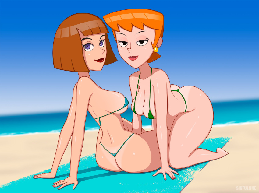 2girls ass beach bent_over big_ass big_breasts big_lips bikini bikini_bottom bikini_tan bikini_top black_eyes blue_bikini bottomwear breasts brown_hair cartoon_network cleavage crossover danny_phantom dexter's_laboratory dexter's_mom ear_piercing earrings female female_only green_bikini hair huge_breasts lips madeline_fenton mature mature_female mature_woman milf nail_polish nails nickelodeon orange_hair purple_eyes short_hair sinfulline swimwear tan_line thick_lips thighs topwear