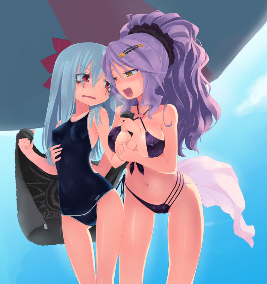 2girls :d between_breasts bikini blue_hair blush breasts chandelure erect_nipples hair_ornament highres holding homura_subaru humanized hydreigon long_hair multiple_girls navel one-piece_swimsuit open_mouth pokemon pokemon_(game) pokemon_bw ponytail purple_hair red_eyes revision smile swimsuit towel wet yellow_eyes yuri