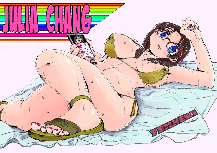 1boy 1girl big_breasts bikini blue_eyes braid cellphone cleavage clothed feet ganryu_(tekken) julia_chang looking_at_viewer namco nipple_bulge painted_nails promacia red_nails sandals sweat tekken tekken_1 tekken_2 tekken_3 tekken_4 tekken_5_dark_resurrection tekken_6_bloodline_rebellion tekken_7 tekken_8 tekken_tag_tournament tekken_tag_tournament_2 toes twin_tails wet