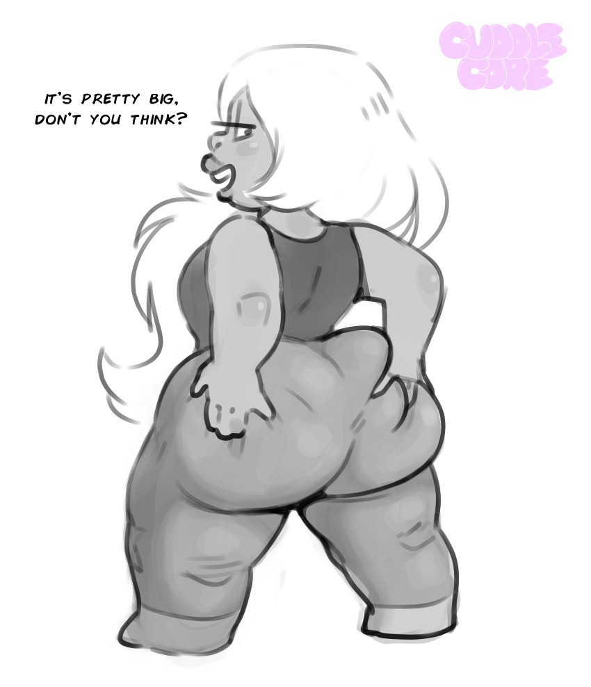 1female 1girl 2024 2d 2d_(artwork) amethyst_(steven_universe) ass_focus ass_grab big_ass cuddlecore dialogue female_focus female_only gem_(species) grabbing_own_ass high_res high_resolution huge_ass long_hair looking_at_viewer looking_back pinup pov pov_eye_contact shortstack sketch squeezing_butt steven_universe