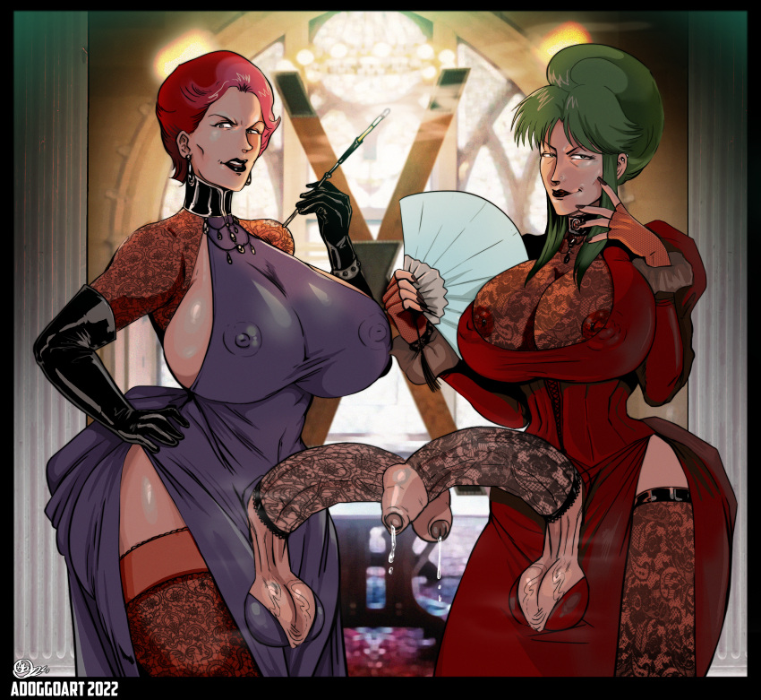 2_girls adoggoart big_ass big_breasts cima_garahau cum futanari futanari_with_futanari green_hair gundam kycilia_zabi orange_hair qipao smoking voluptuous wine_glass