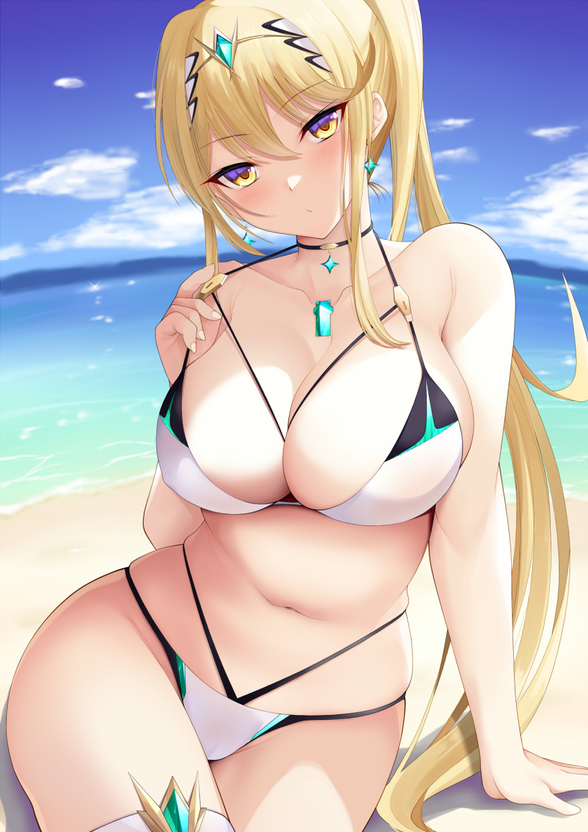 1girl 1girl :/ alluring beach big_breasts bikini black_choker blue_sky chest_jewel choker circlet closed_mouth cloud collarbone daive day earrings high_res jewelry mythra navel ocean outside sitting sky stomach swimsuit white_bikini xenoblade_(series) xenoblade_chronicles_2 yellow_eyes