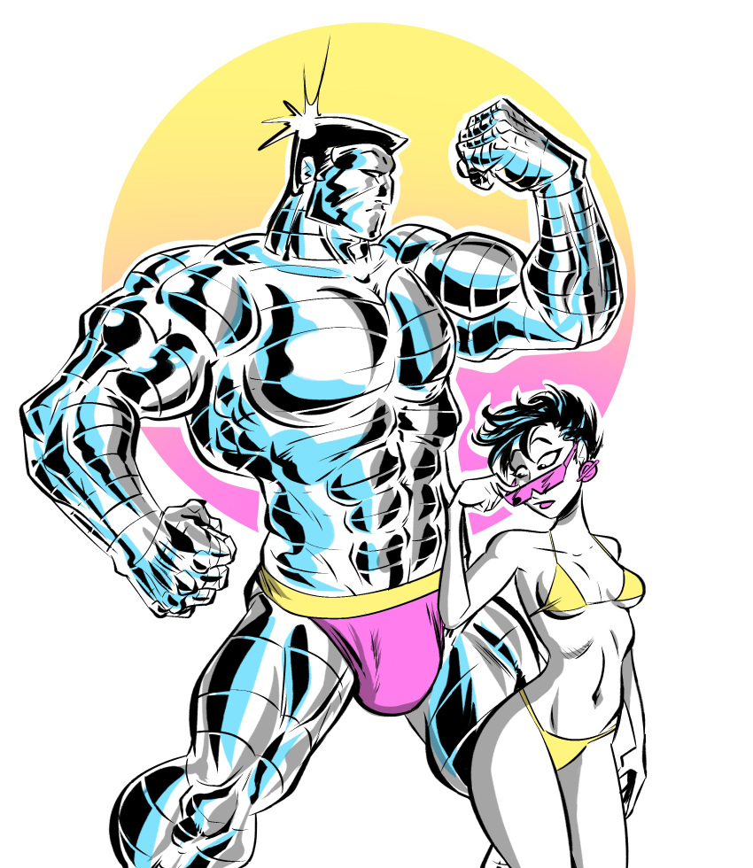 asian asian_female bikini breasts colossus earrings hydra-bomb japanese_text jubilation_lee jubilee larger_male looking_at_another looking_down marvel metal_skin piotr_rasputin smaller_female sunglasses x-men