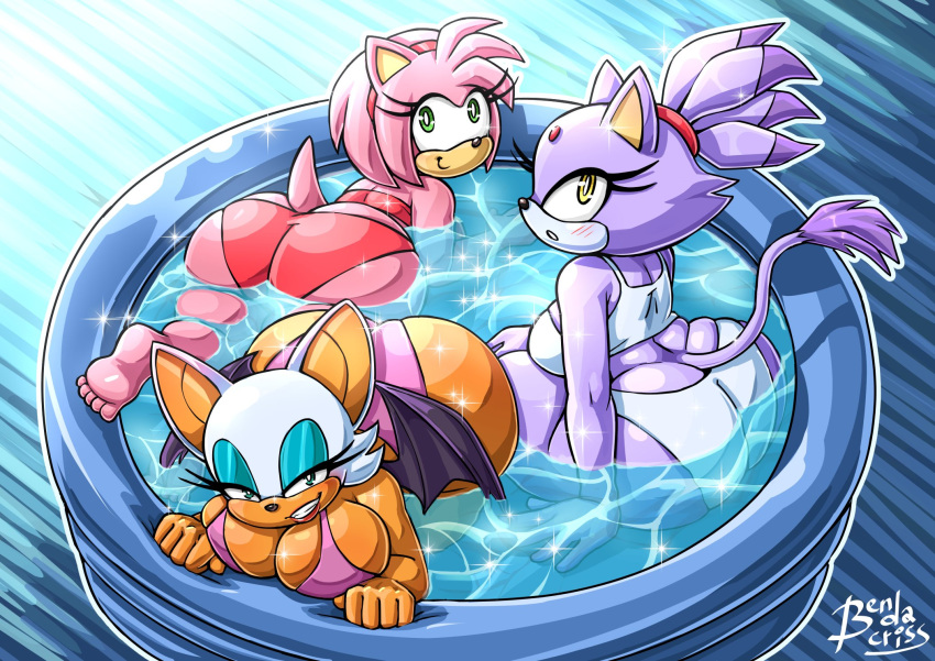 3_girls amy_rose anthro bat bat_wings bendacriss big_ass big_breasts bikini blaze_the_cat blush bubble_butt butt_crack feline green_eyes hedgehog high_res inflatable_pool kiddie_pool large_ass long_eyelashes looking_at_viewer pink_fur purple_fur rouge_the_bat sega sonic_the_hedgehog_(series) swimming_pool swimsuit tail wading_pool yellow_eyes